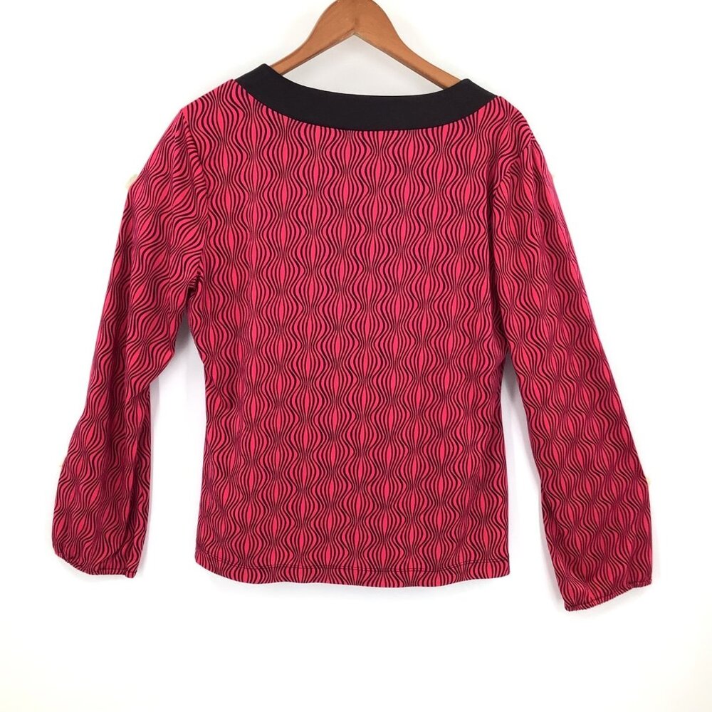Worthington Women's Large Fuchsia Black Wavy Geometric Keyhole Stretch Top - Picture 5 of 5